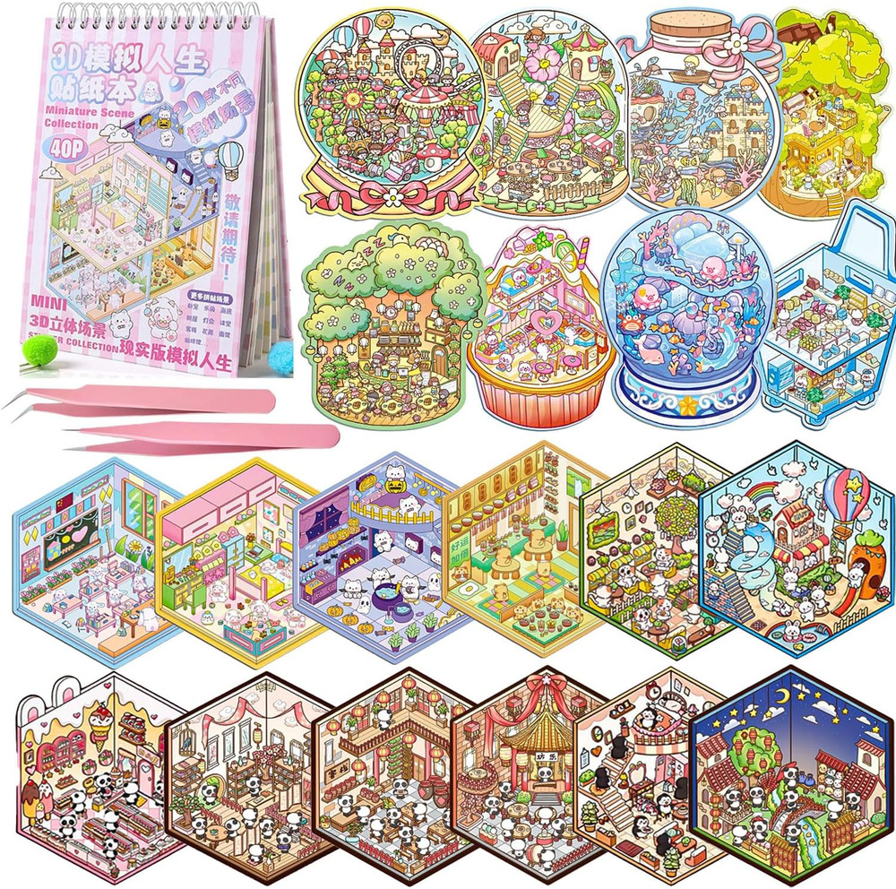 3D Sticker Scene Book for Adults, 20 Mini Sticker Scenes DIY Craft – Make Your O