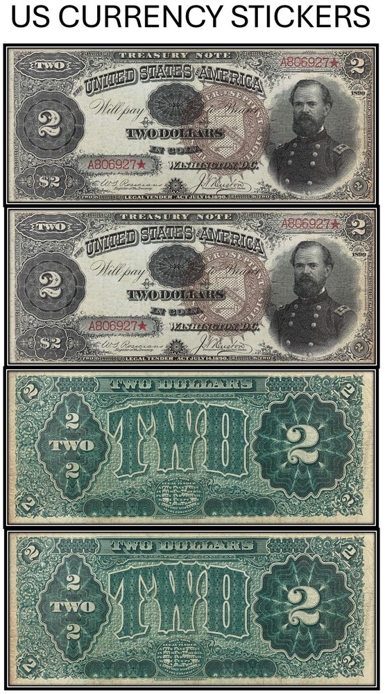 $2 Two Dollar 1890 Treasury Note (US CURRENCY STICKERS) (Lot Of 2)
