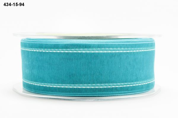 MAY ARTS RIBBONS~SHEER TURQUOISE RIBBON WHITE STITCHED EDGES~ 1.5 INCH X 1 YARD!