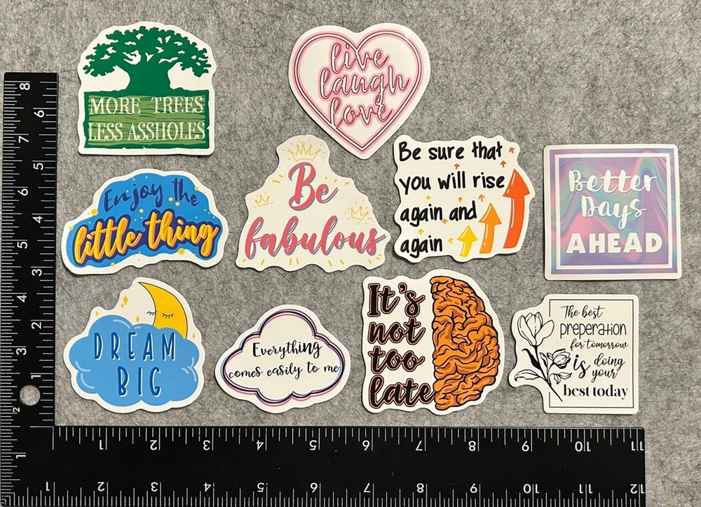 Lot of 10 Assorted Positive Affirmation Stickers Smile Happy Love Fitness
