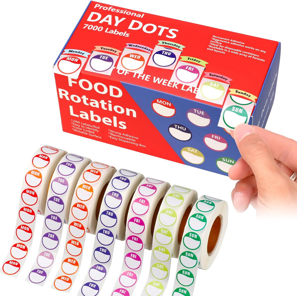 7000-Pack Days of the Week Colored Dot Stickers Removable Date Labels with Dispe