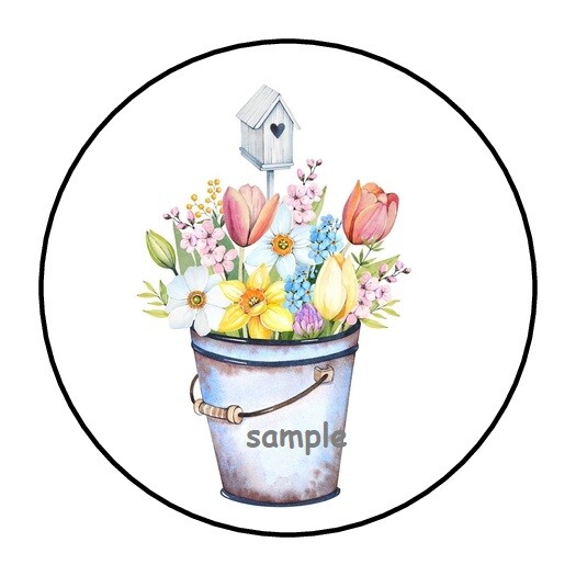 30 BUCKET AND FLOWERS ENVELOPE SEALS LABELS STICKERS 1.5″ ROUND RUSTIC FLORAL