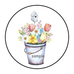 30 BUCKET AND FLOWERS ENVELOPE SEALS LABELS STICKERS 1.5″ ROUND RUSTIC FLORAL
