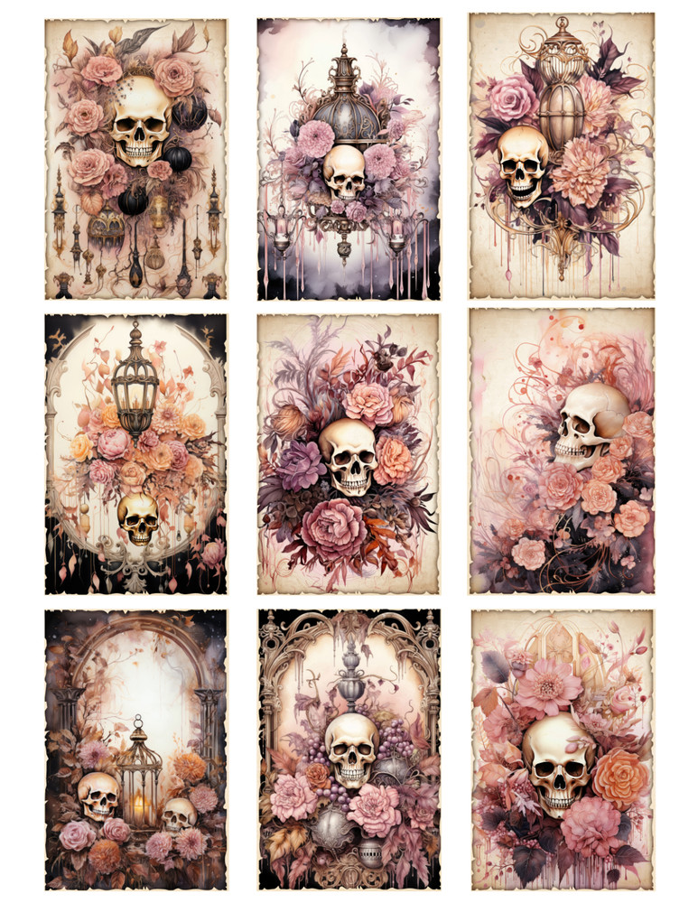 Set of 9 Gothic Skulls & Roses Halloween #1 Crafting STICKERS – Just Cut & Use!