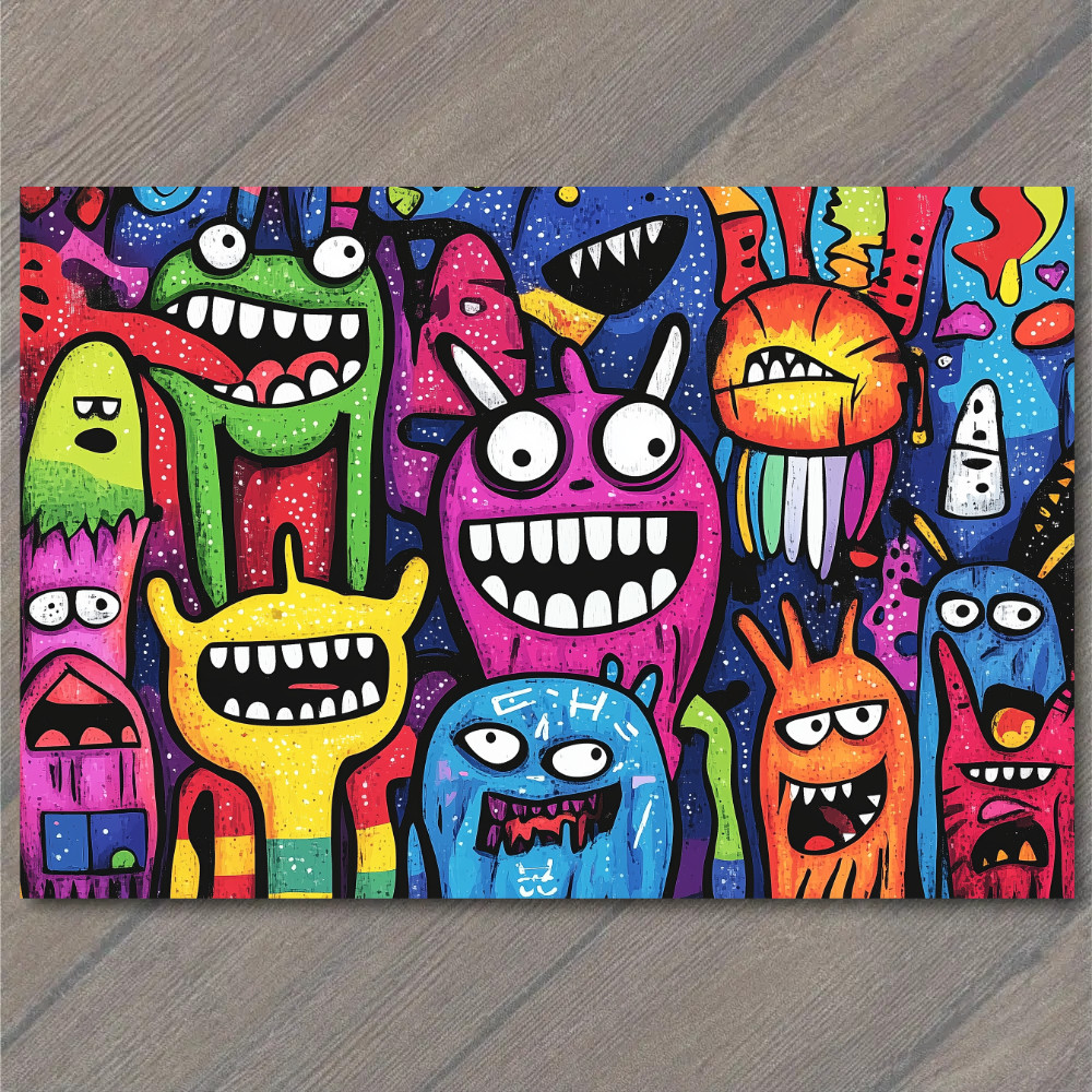 STICKER Wild Colorful Monster Crowd Funny Faces Teeth Tongues Bright Whimsy