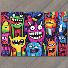 STICKER Wild Colorful Monster Crowd Funny Faces Teeth Tongues Bright Whimsy