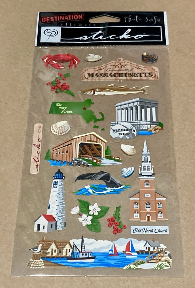 Sticko Destination Stickers Massachusetts Travel Theme Photo Safe NEW SEALED