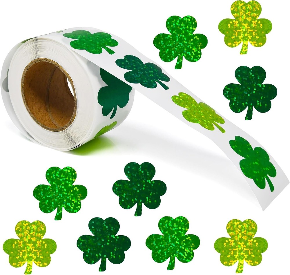 500 Pack St Patricks Day Shamrock Stickers Roll Green Glitter Clover Crafts