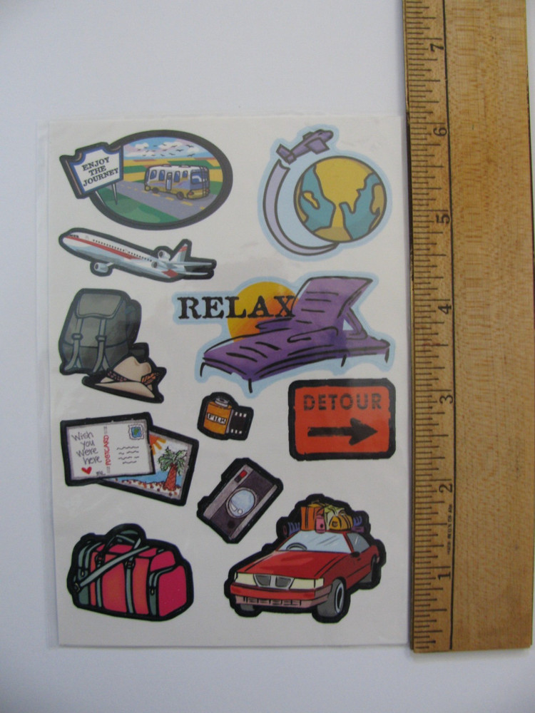 Unbranded Stickers VACATION TRAVEL ROAD TRIP MOTEL BUS PLANE CAR CAMERA 2 Sheets