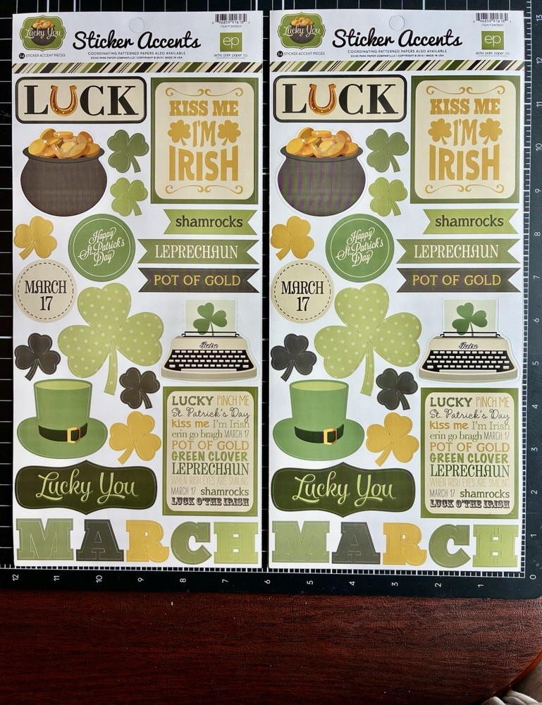 Echo Park Co LUCKY YOU Sticker Accents LOT of 2 – Irish, Luck, St Patrick’s Day
