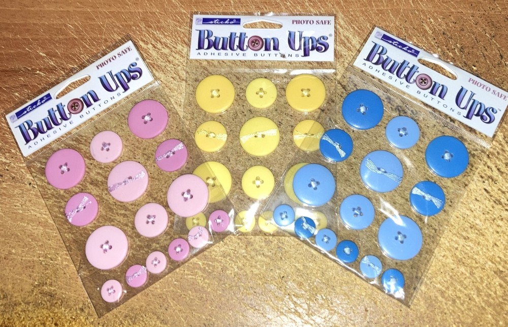 3 PKGS.STICKO BUTTON UPS Adhesive buttons ~ 1 package each Pink, Yellow & Blue