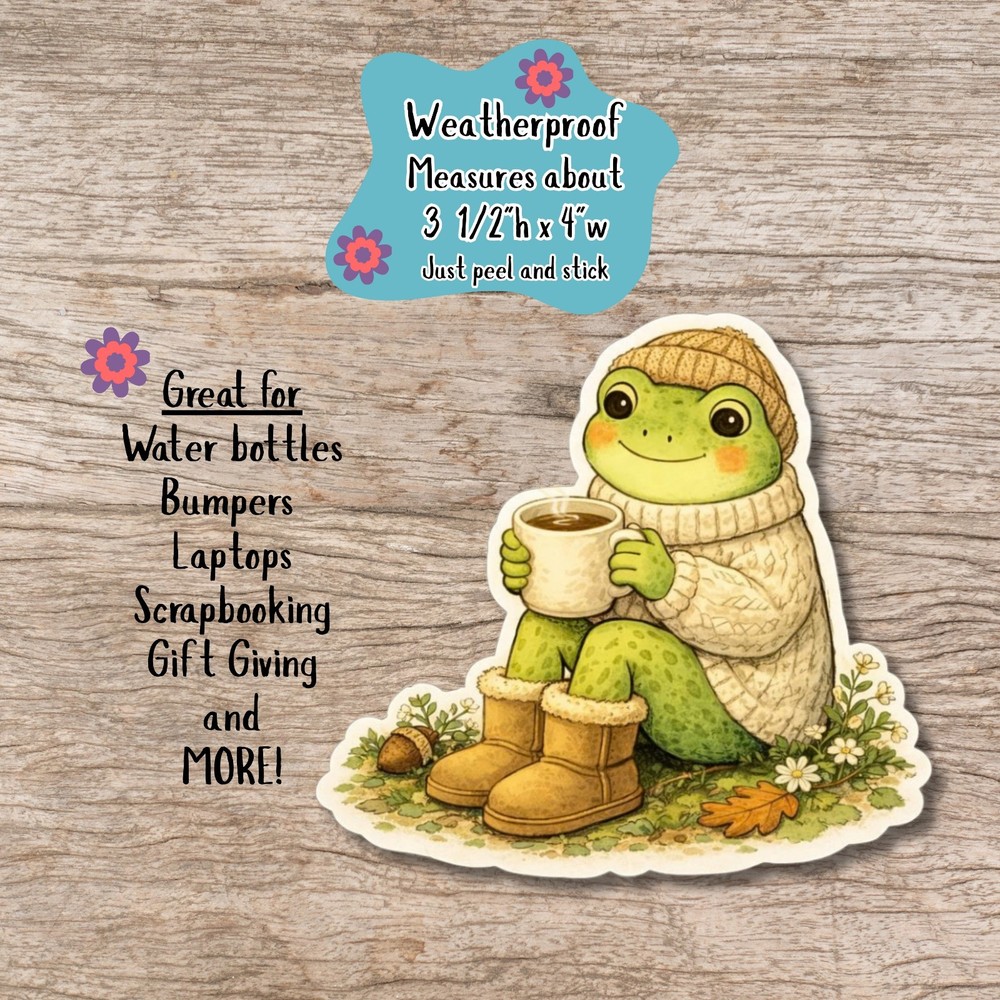 Cozy Cottagecore Frog Sticker, Frog with coffee die cut sticker