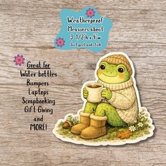 Cozy Cottagecore Frog Sticker, Frog with coffee die cut sticker