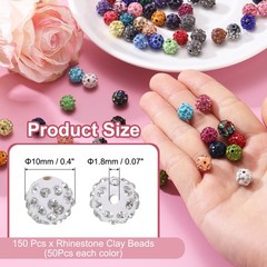 150 Pcs 10mm Rhinestone Clay Beads for Jewelry Making, White/Lake Blue/Black