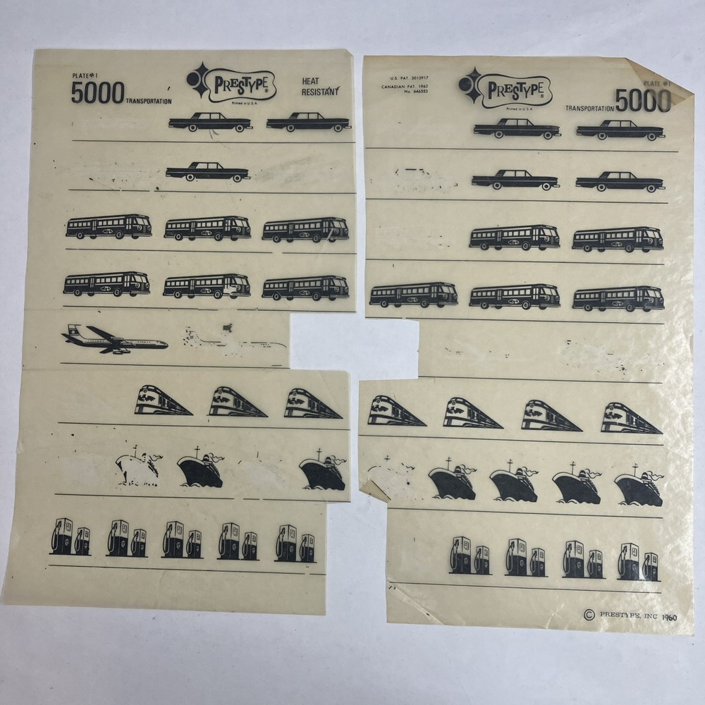 Prestype Letraset Style Sheets Buses Trains Airplanes Cars Transportation