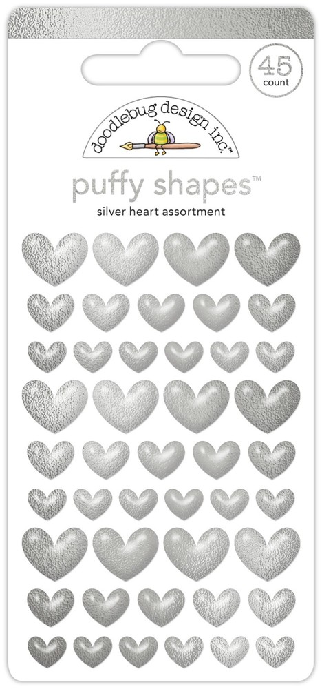 Doodlebug Self-Adhesive Stickers Puffy Heart Shapes Silver Shiny Foil-like 3 Sz