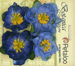 RUFFLED PEONY – BLUE – 45 to 50mm x 4 Flowers with Centre FABRIC Petaloo A1