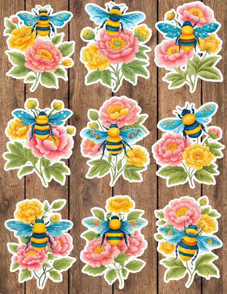 Bee and Flowers Die Cut Vinyl Stickers Set Scrapbooking Laptop Water Bottle