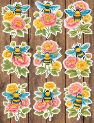 Bee and Flowers Die Cut Vinyl Stickers Set Scrapbooking Laptop Water Bottle