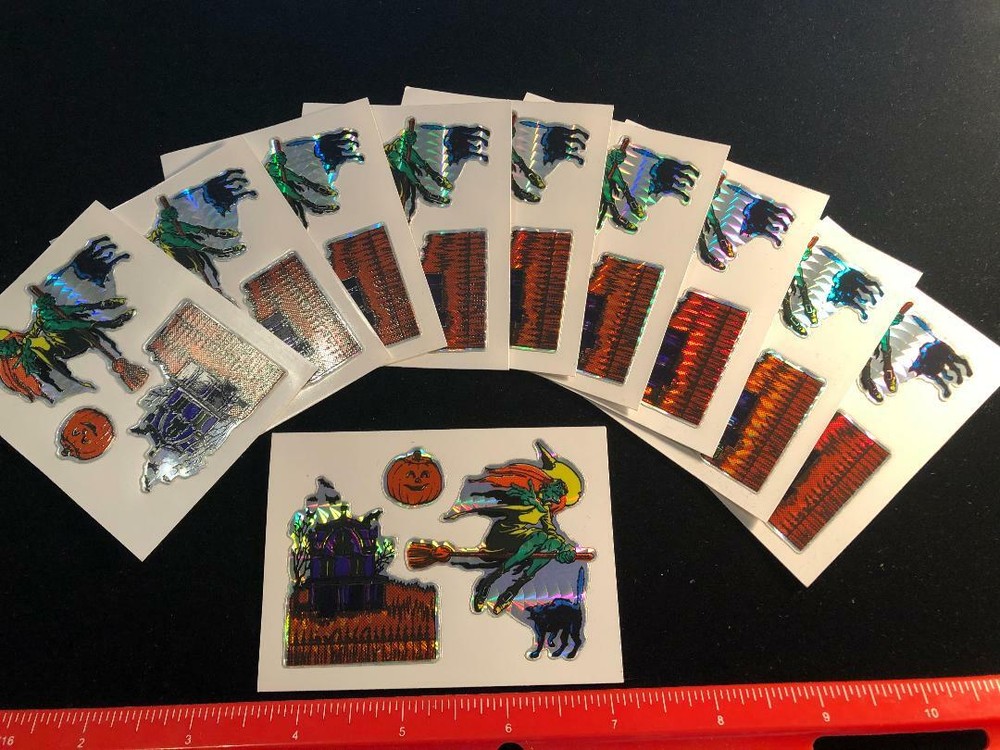 10 Count NEW «Halloween» Prismatic Foil Sticker Sheet – Witch Pumpkin Black Cat