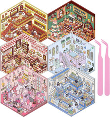 DIY 3D Sticker Scenes 6 Sets for Adults Kids, Make Your Own Mini Home/Store Scen