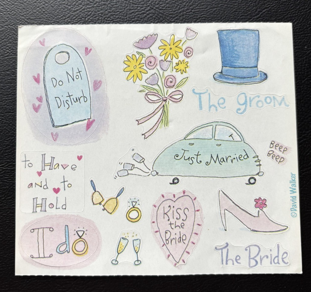 COLORBOK DAVID WALKER JUST MARRIED WEDDING STICKERS *