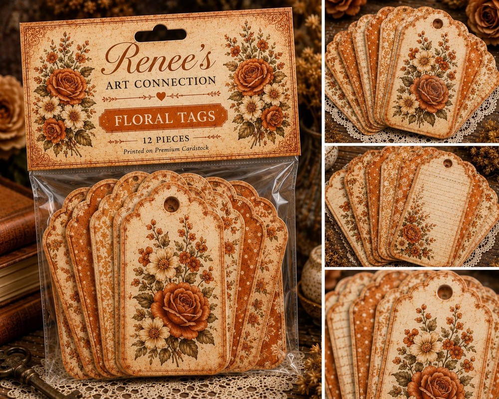Handmade Vintage Floral Tag Pack Premium Ephemera Tags Junk Journal Scrapbook