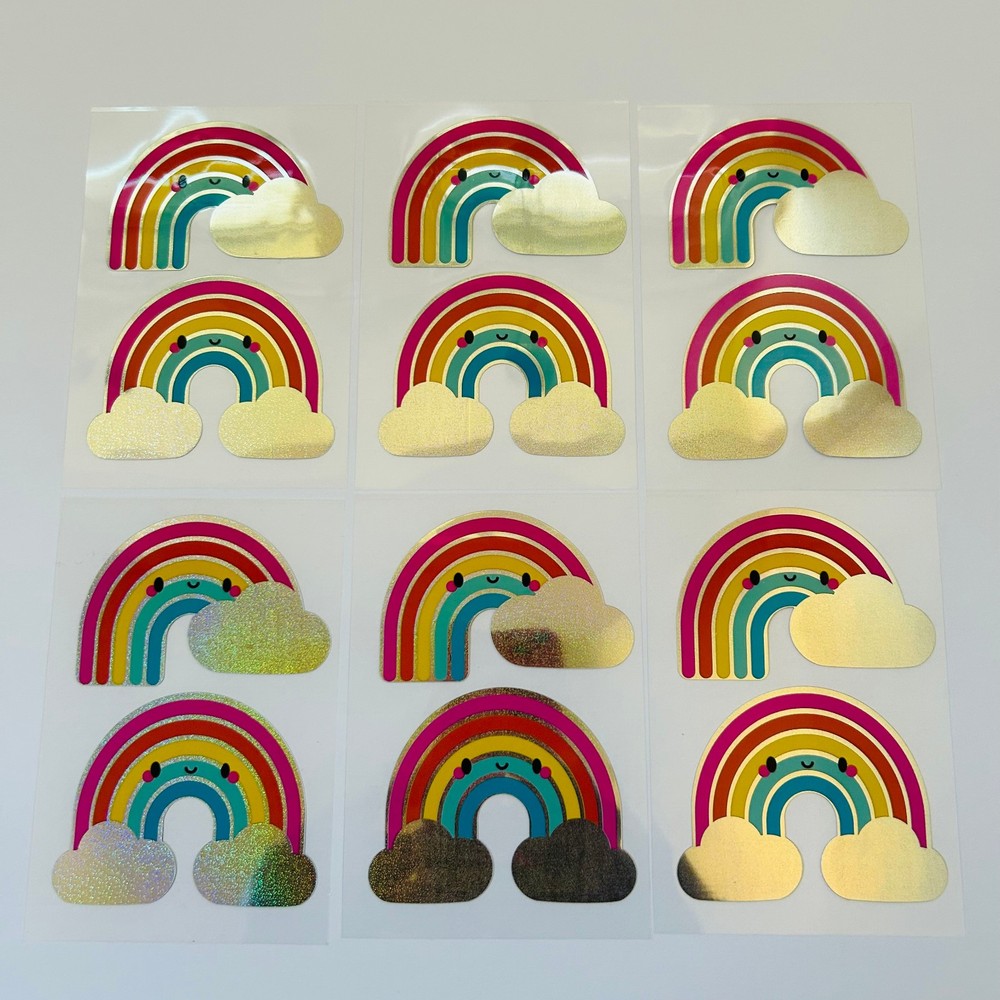 Vintage Y2K Retro Die Cut Prism Glitter Foil Decal RAINBOW Face theme 6pk