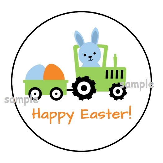 30 CUTE HAPPY EASTER BUNNY IN TRACTOR ENVELOPE SEALS LABELS STICKERS 1.5″ ROUND