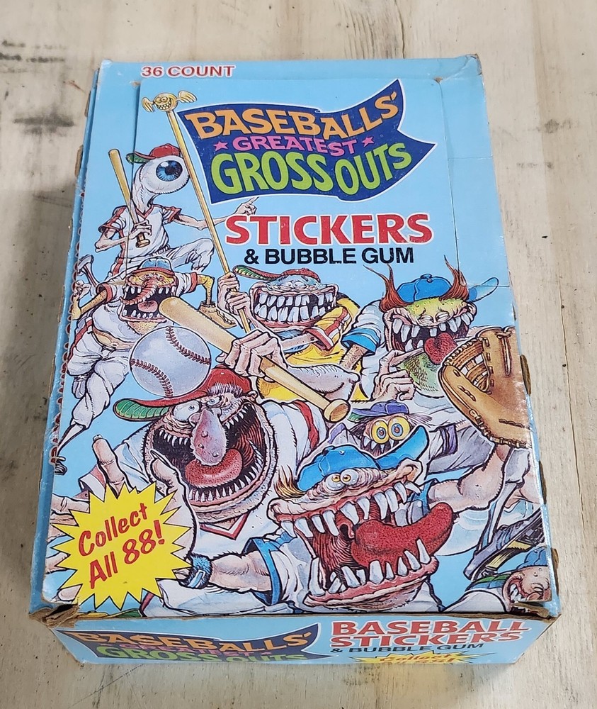 gross out baseball stickers bubble gum original box sealed package old stock