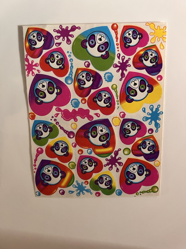 Vintage Lisa Frank Sticker Sheet Panda Bear Hearts S162 1990s 4.5×6″