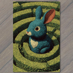 STICKER Blue Bunny Spiral Hedge Maze Whimsical Cute Rabbit Green Garden Puzzle