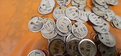 (10) METAL RIM TAGS 1.25″ COFFEE DYED & STAMPED FOR SCRAPBOOK/JUNK /ART JOURNAL