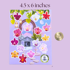 Cattelya Orchid Flower Sticker Sheet, Tiny Rare Cute Vinyl Decals, For Notebook