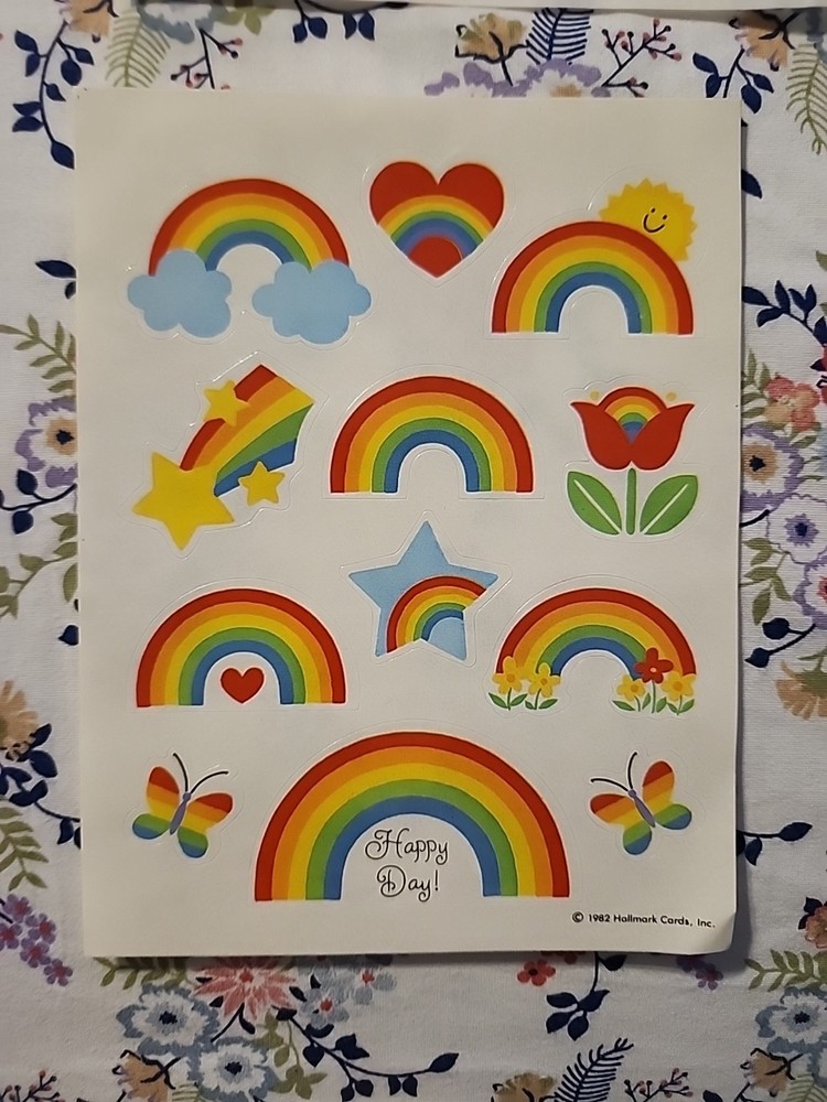 Vintage 1982 Hallmark Stickers Sheet Rainbows Butterfy Flowers Hearts Stars RARE