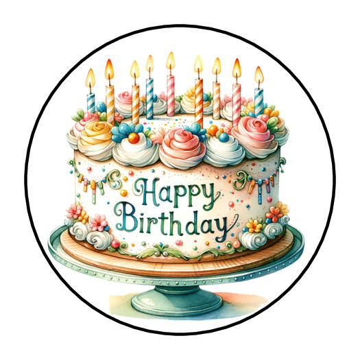 HAPPY BIRTHDAY CAKE WITH CANDLES ENVELOPE SEALS STICKERS LABELS 1.5″ ROUND (30)