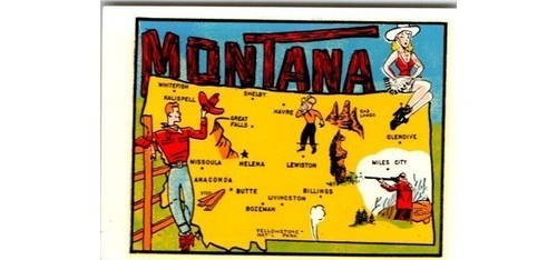 Montana Luggage Decal Map w/ Cities Cowboy Graphic – 1950s Travel Souvenir
