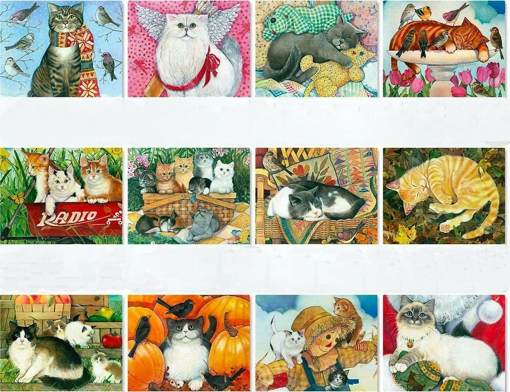 12 BEAUTIFUL SEASONAL © Amy Rosenberg KITTEN CAT KITTY STICKERS USA MADE #52