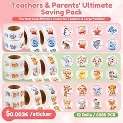 6000PCS Cute Animal Stickers for Kids, 12 Rolls Classroom Reward Stickers, 24 De