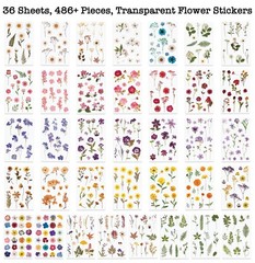 36 Sheets Botanical Stickers, Pressed Flower Decals for Journals, Multicolor