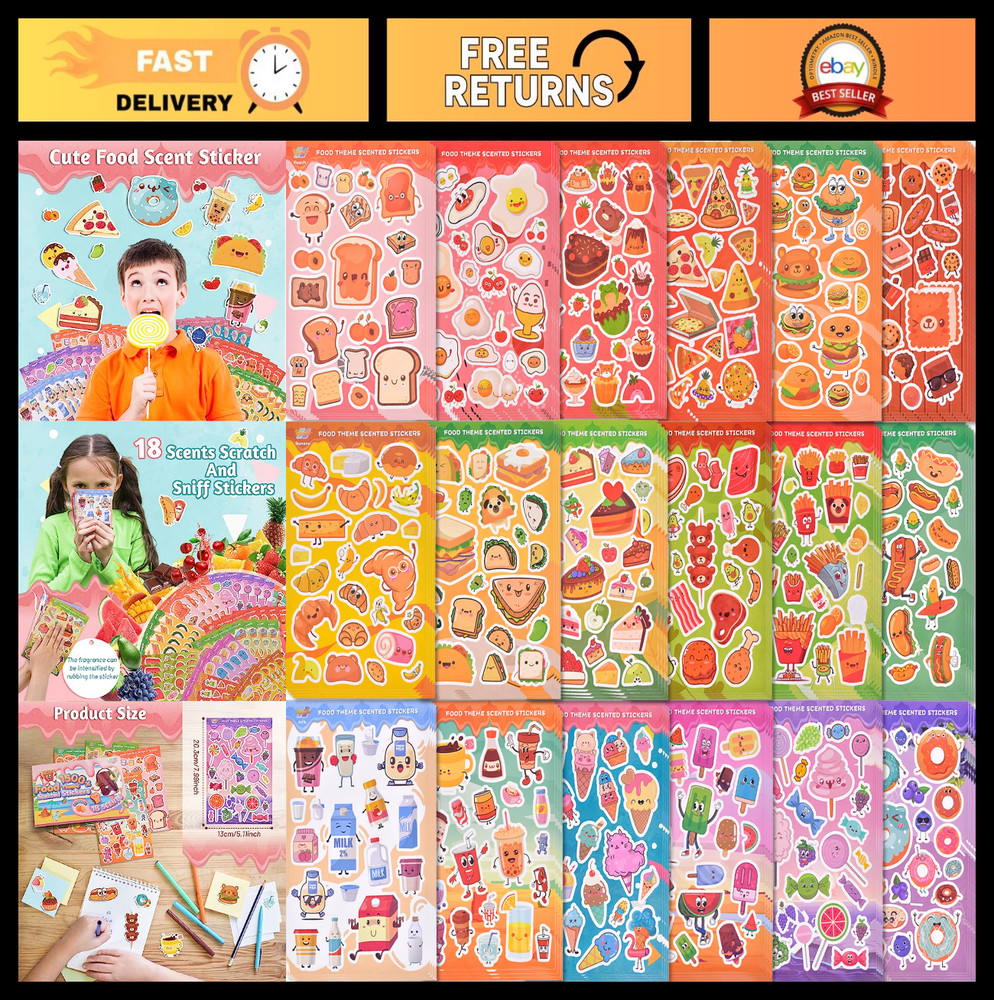 Scented Stickers for Kids – 1500+ Scratch & Sniff Food Theme, 72 Sheets, Classro