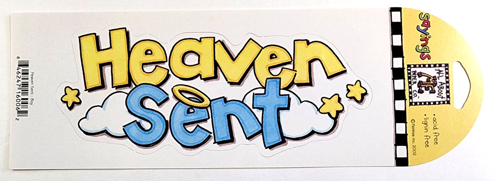 Pebbles 2002 Heaven Sent Title Boy Die Cut Ephemera Baby Newborn 6×2.5