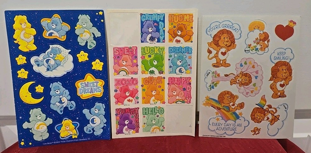 Vtg. Care Bear Stickers Satin-1987 AGC, Glitter-TCFC, Inc., Blue Sheet-2003