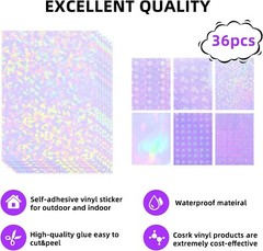 36 Sheets Holographic Sticker Paper, Clear Vinyl Lamination Sticker Film 8.5×11″