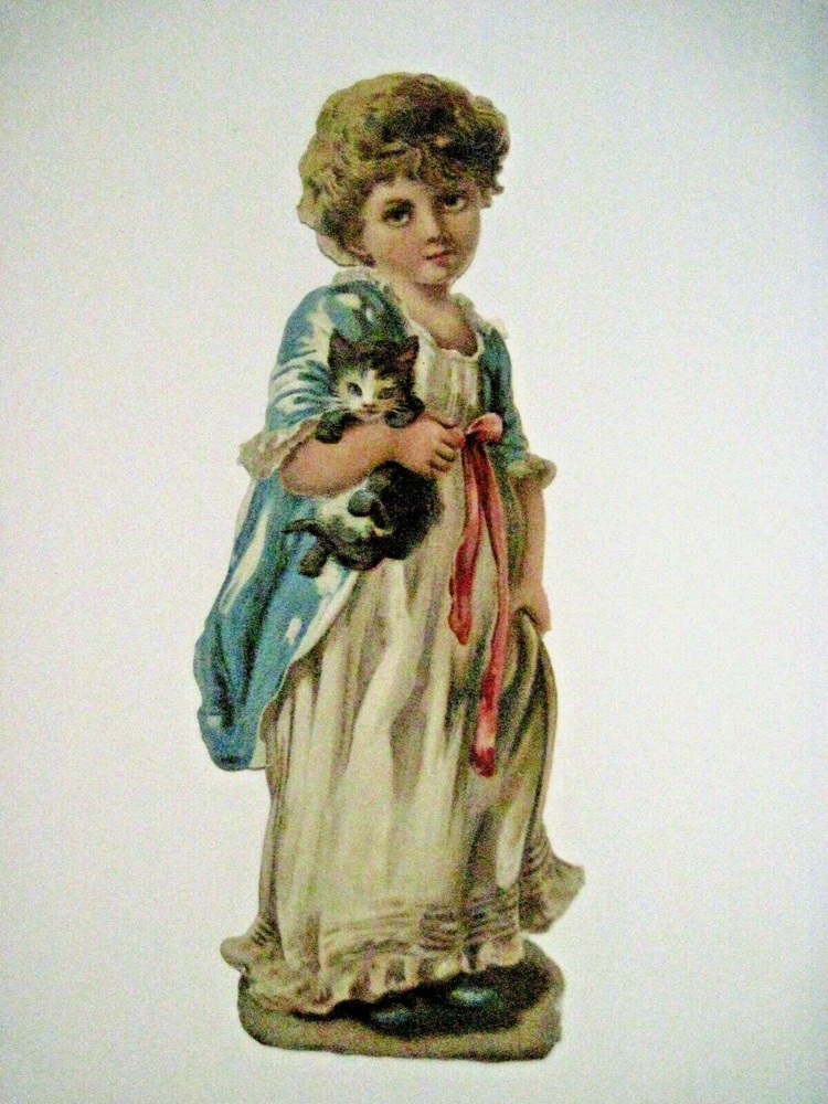 Adorable 1800’s Die Cut w/ Young Girl Carrying A Kitten w/ Princess Di Smile *
