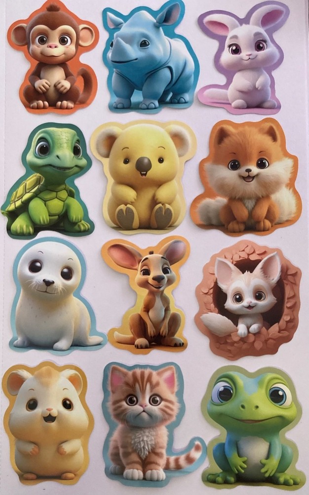 SET #2 ~ 12 Cute Cartoon Animal Stickers ~ Kids Junk Journal Supplies
