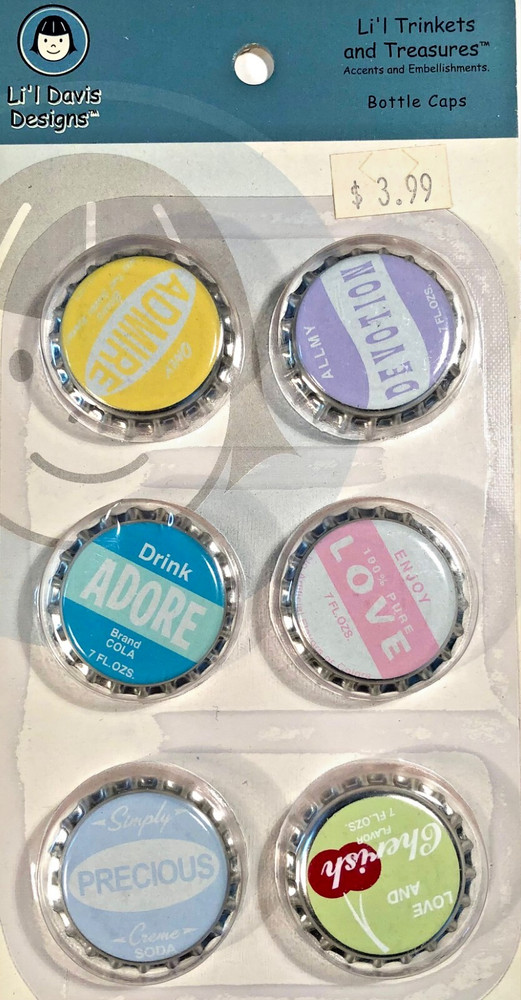 LI’L DAVIS DESIGNS FEELINGS BOTTLE CAPS PASTEL 6 pcs SCRAPBOOK EMBELLISHMENTS