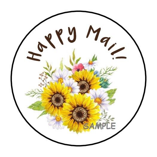 30 HAPPY MAIL SUNFLOWERS ENVELOPE SEALS LABELS STICKERS 1.5″ ROUND DAISIES GIFTS