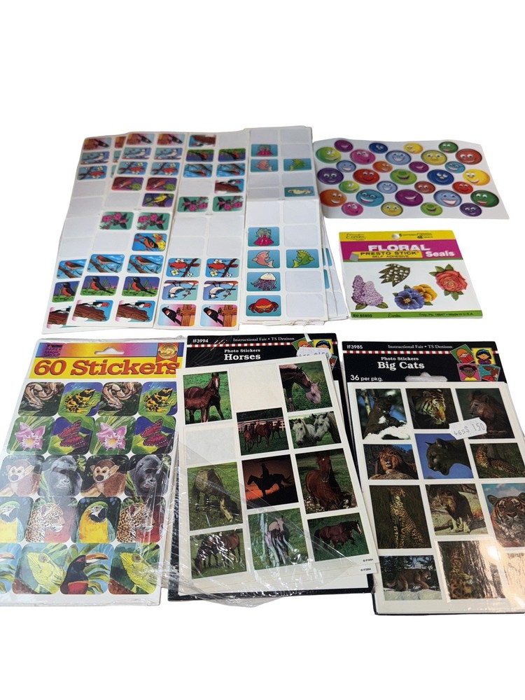Vintage 90s Sticker Lot Animals Smiley Floral Eureka School Stickers Stash