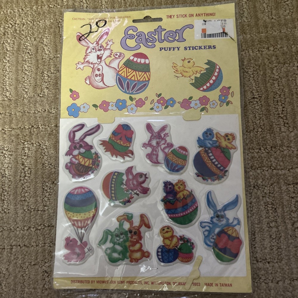Easter Fluffy Puffy STICK-ONS 3-D Stickers NOS Taiwan Bright Colors Vintage 1981